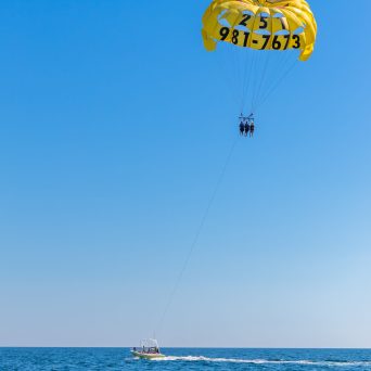 a group of people parasailing above a body of water