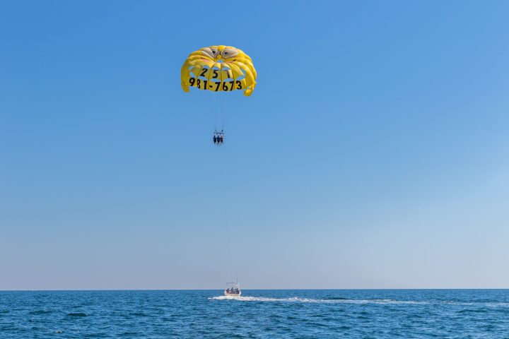 a group of people parasailing above a body of water